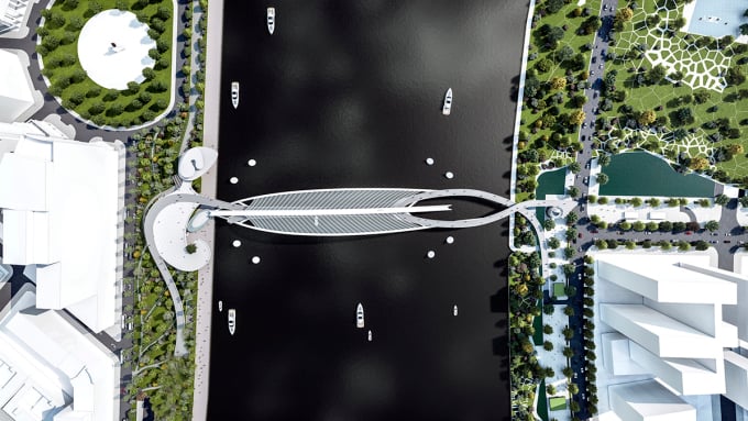 La conception du pont piétonnier a la forme d'une feuille de cocotier. Photo : Consortium de consultants