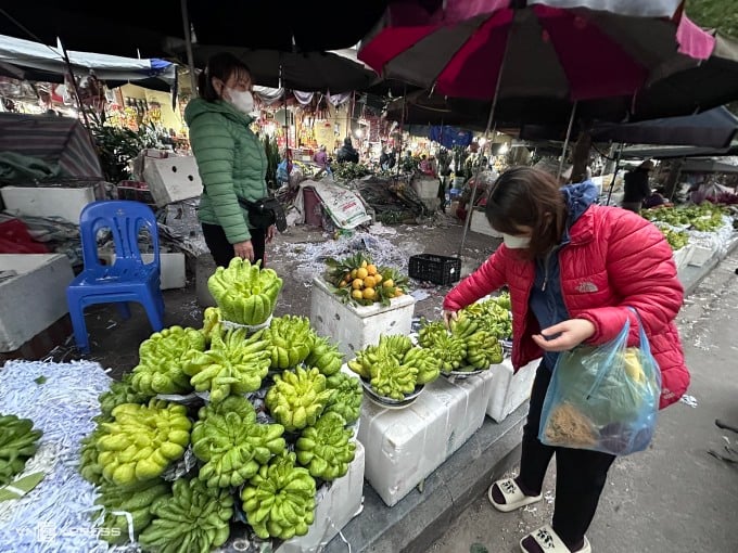 ผลไม้จัดแสดงบนถาดผลไม้ 5 ชนิดเพื่อขายที่ตลาดห่าดง (ห่าดง ฮานอย) ในช่วงบ่ายของวันที่ 28 เทศกาลเต๊ต ภาพโดย : อันห์ มินห์.