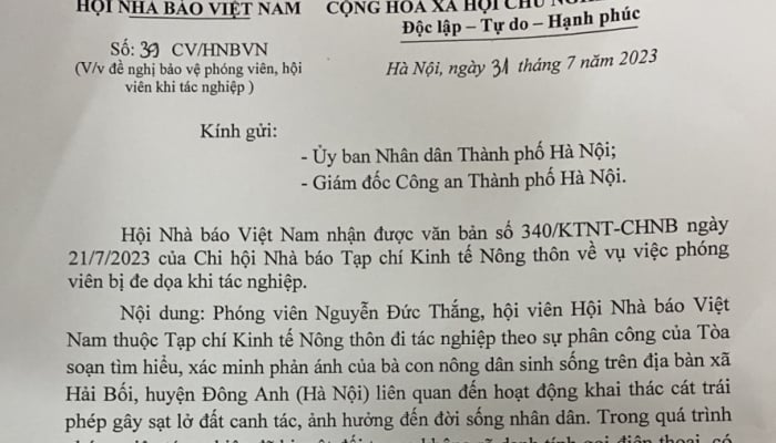 Hội Nhà báo Việt Nam yêu cầu làm rõ việc đe dọa phóng viên Tạp chí Kinh tế Nông thôn