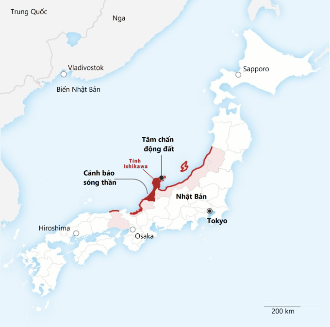 Location of Ishikawa prefecture and tsunami warning areas in Japan. Graphics: CNN