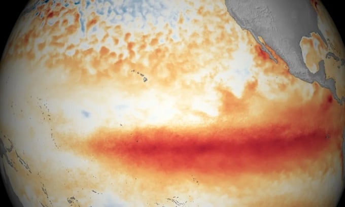 Nhiệt độ ở Thái Bình Dương ấm lên do El Niño mạnh vào tháng 1/2016. Ảnh: NOAA