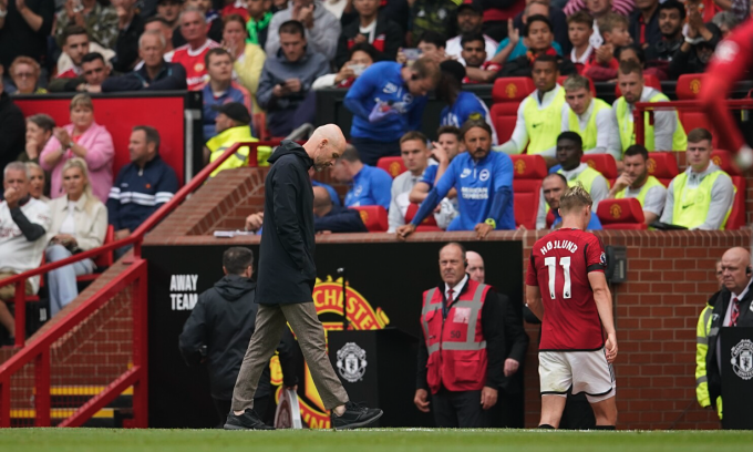 Ten Hag a été critiqué par les fans de Manchester Utd pour avoir remplacé l'attaquant Rasmus Hojlund lors de la défaite contre Brighton. Photo : Reuters