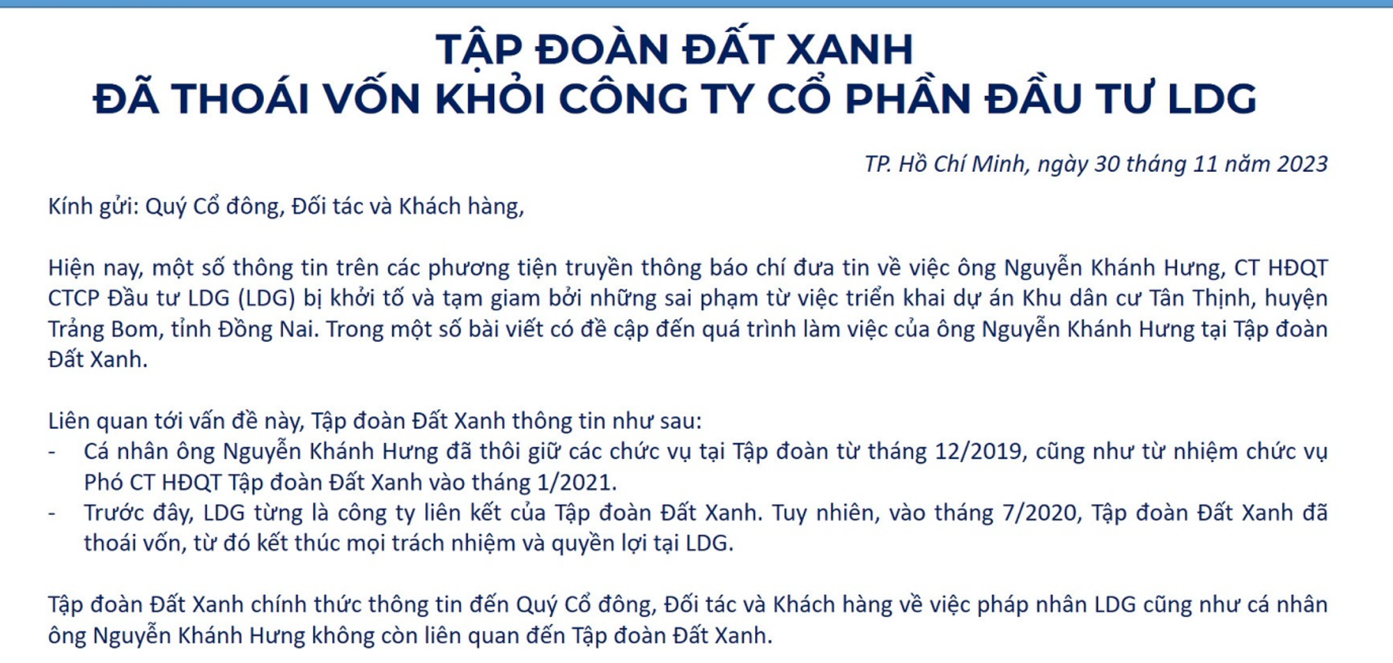 Tập đoàn Đất Xanh lên tiếng sau khi ông Nguyễn Khánh Hưng bị bắt giam- Ảnh 1.