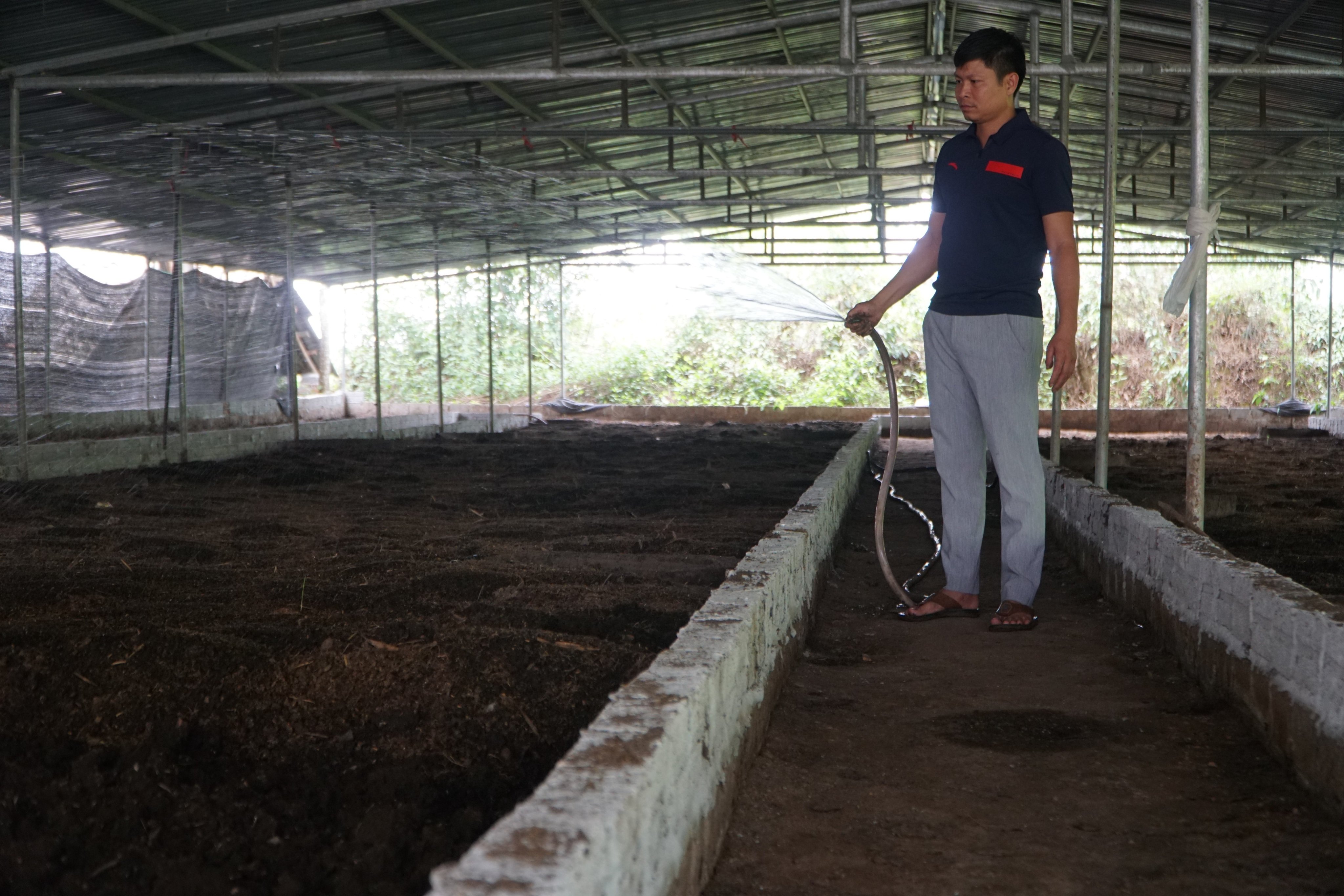 Former teacher Pham Van Tinh with the earthworm farming model. Photo: Quach Du