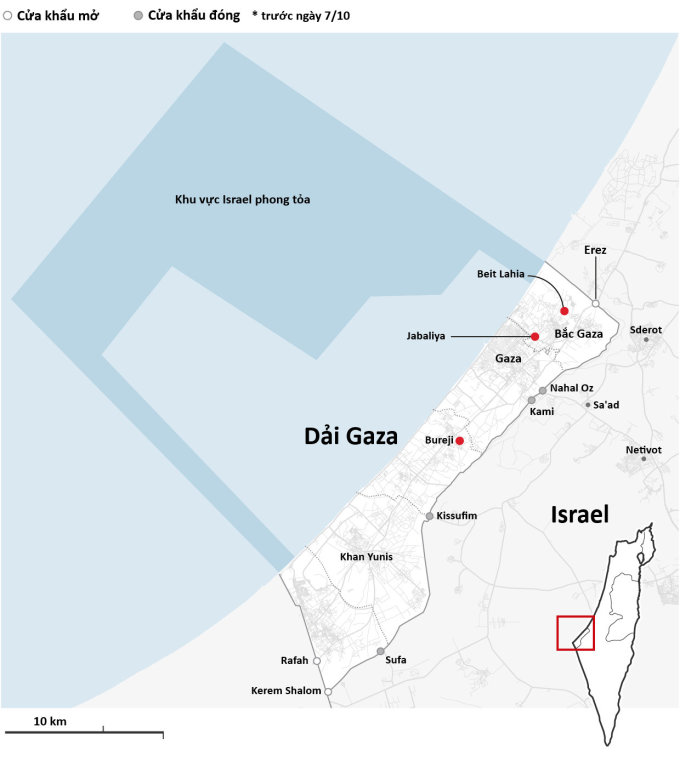 Principales ciudades y cruces fronterizos en la Franja de Gaza. Gráficos: Guardian