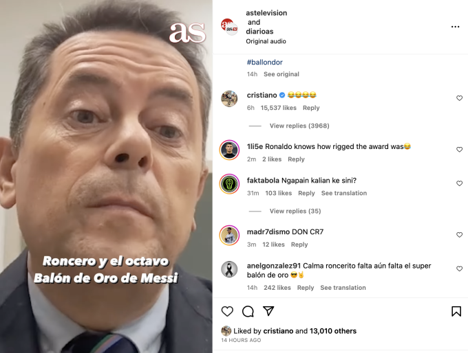 Роналду с аккаунтом cristiano прокомментировал под видео, что Месси заслужил только пять Ballon d'Or. Фото: скриншот