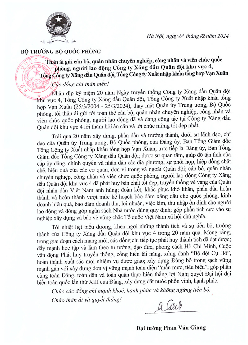 Thư của Đại tướng Phan Văn Giang chúc mừng 20 năm Ngày truyền thống Công ty Xăng dầu Quân đội khu vực 4