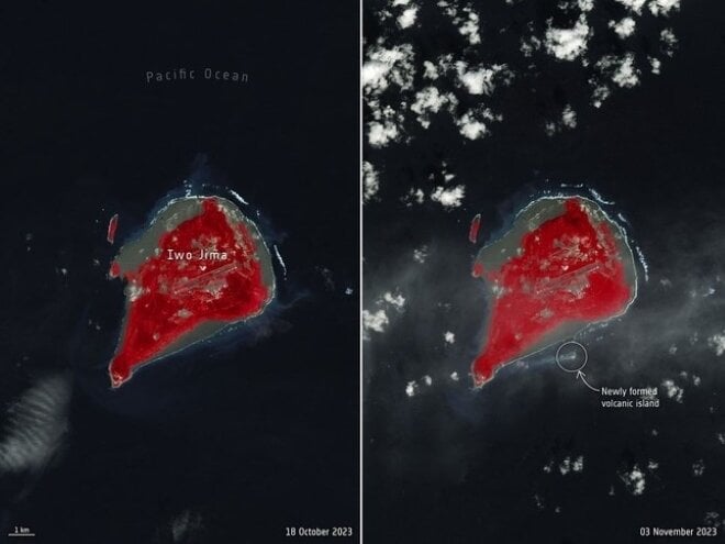 日本の硫黄島沖に新たに出現した火山島が衛星画像で確認できる。 （写真：ESA/USGS）