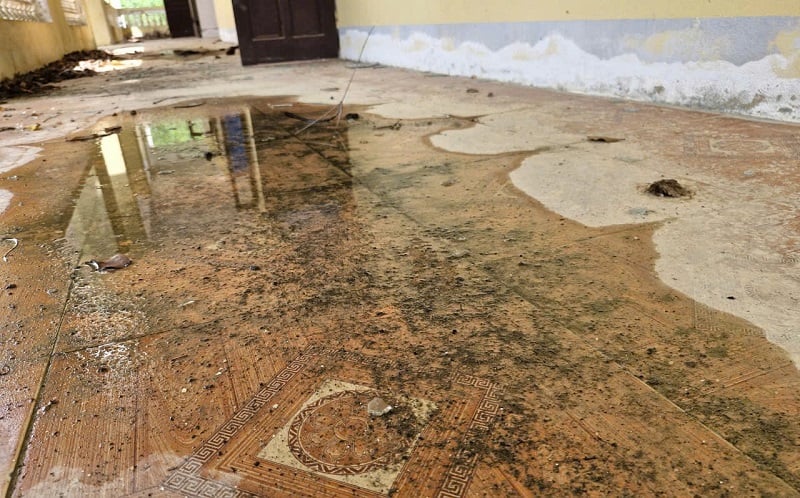 En muchos edificios de gran altura hay goteras, las baldosas del piso se están desprendiendo y se está acumulando agua.