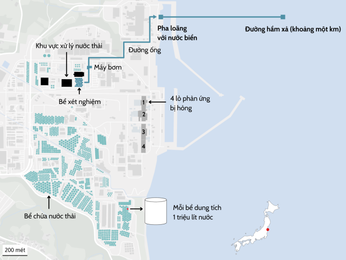 Diagramm der Tanks und unterirdischen Abwasserkanäle während der Einleitung von Atomabwässern ins Meer im Kernkraftwerk Fukushima. Grafik: Reuters