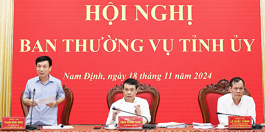 El presidente del Comité Popular Provincial de Nam Dinh, Pham Dinh Nghi, habló en la conferencia. Foto: Xuan Thu