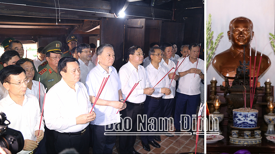 Comrades: General To Lam, Politburo member, Minister of Public Security; Nguyen Xuan Thang, Politburo member, Chairman of the Central Theoretical Council, Director of the Ho Chi Minh National Academy of Politics; Pham Gia Tuc, Party Central Committee member, Provincial Party Secretary and leaders offered incense to General Secretary Truong Chinh at the Memorial Site of Xuan Hong Commune (Xuan Truong).