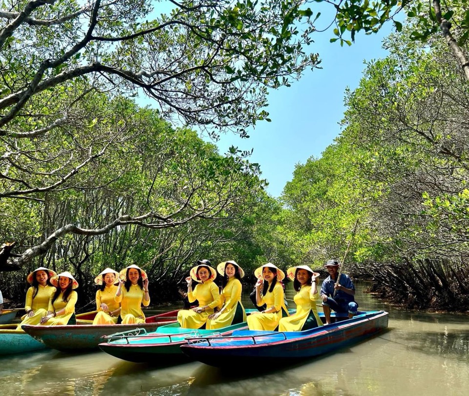 Tourists visit the mangrove forest in Bau Ca Cai.