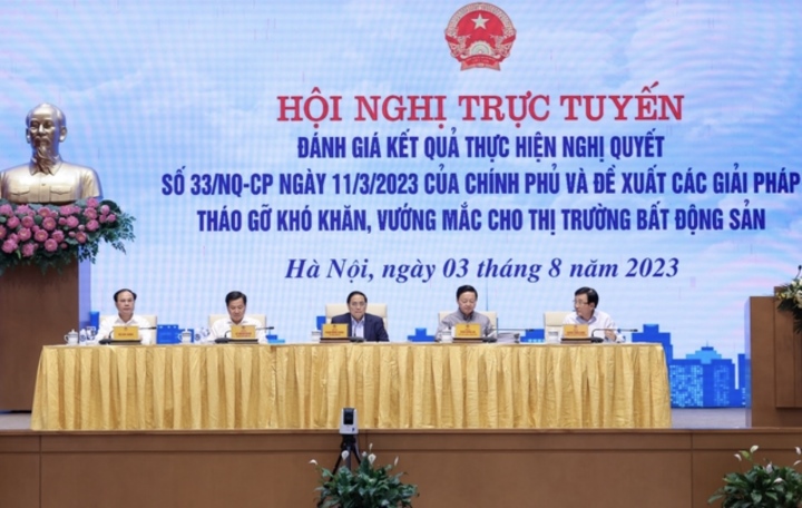 Hội nghị trực tuyến đánh giá tình hình, tháo gỡ khó khăn cho thị trường bất động sản. (Ảnh: VGP/Nhật Bắc)