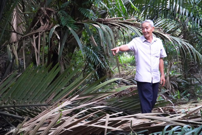 Ông Huy chỉ dấu vết những kẻ săn bắt chim, cò đột nhập vào vườn. Ảnh: An Minh