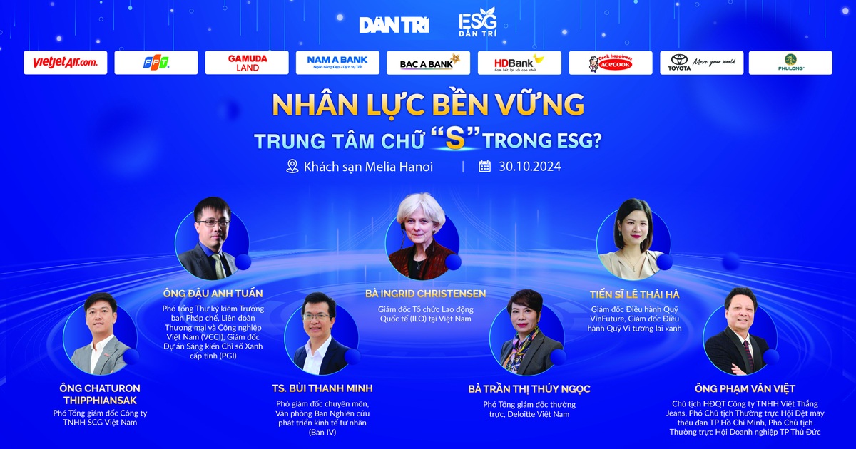 Dàn diễn giả tại hội thảo nhân lực bền vững do báo Dân trí tổ chức sáng 30/10