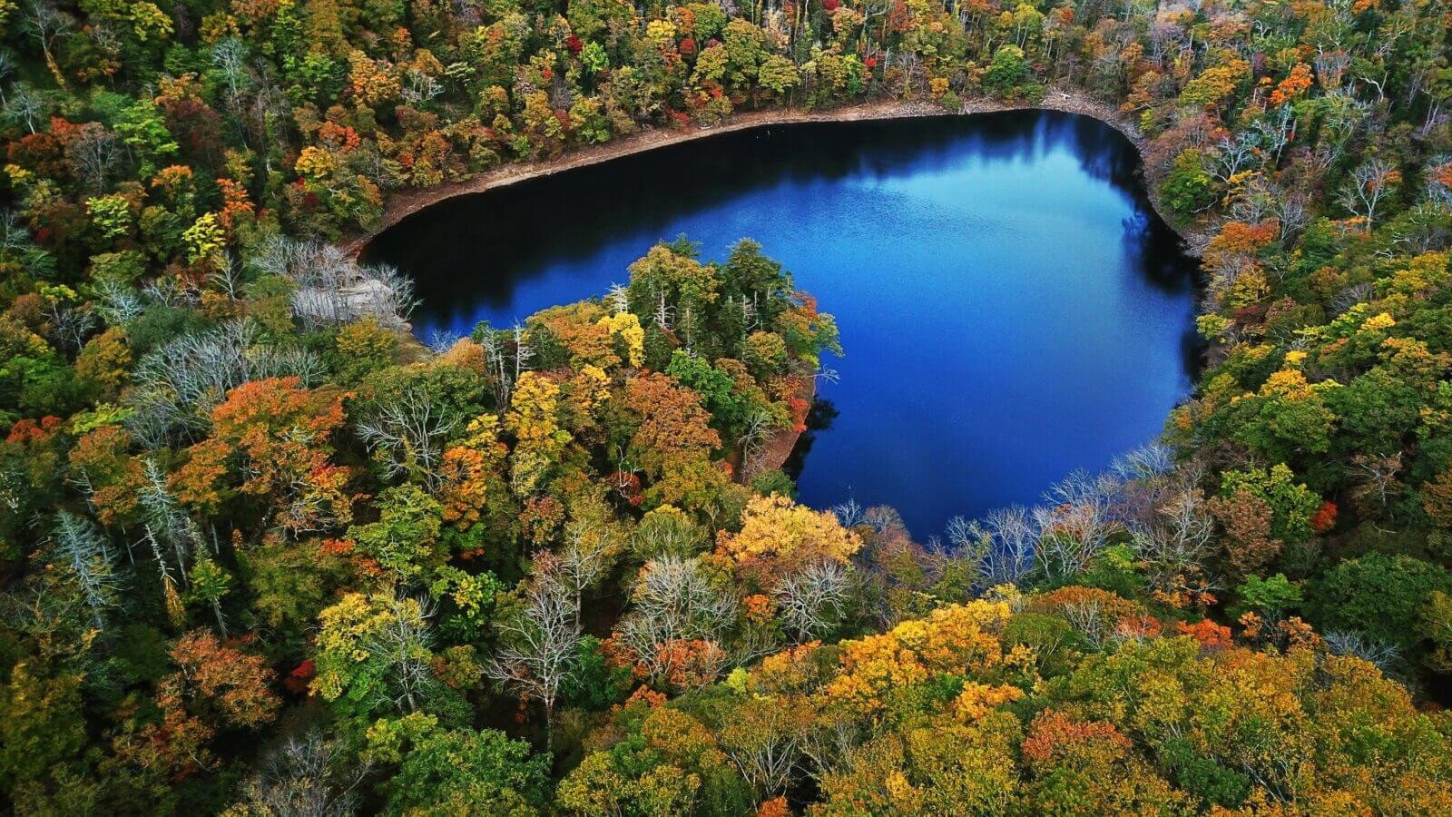 La belleza del romántico lago en forma de corazón es como una 