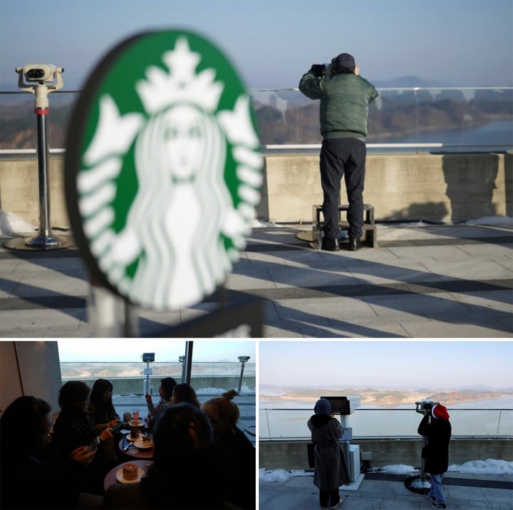 Những du khách hiếu kỳ đến Starbucks để ngắm cảnh Triều Tiên. (Ảnh: AP, Reuters)