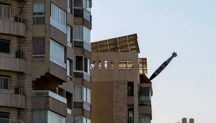 Close-up of bomb dropped by Israeli fighter jet on building in Beirut