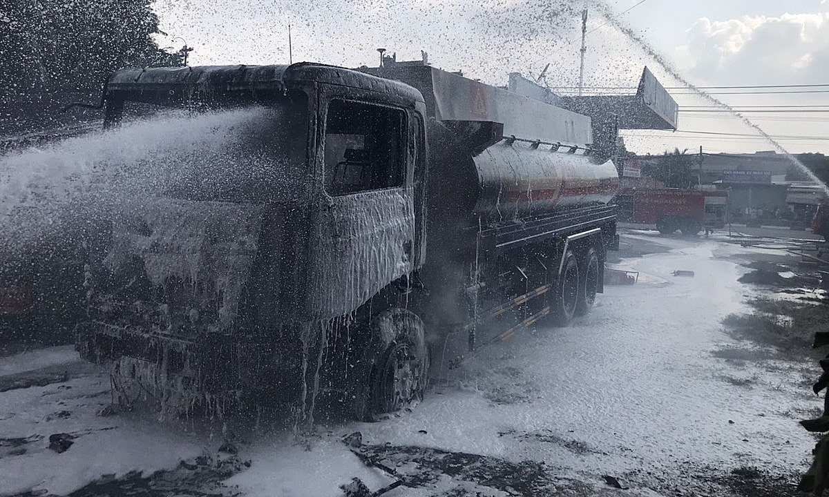 Tanker truck on fire in gas station