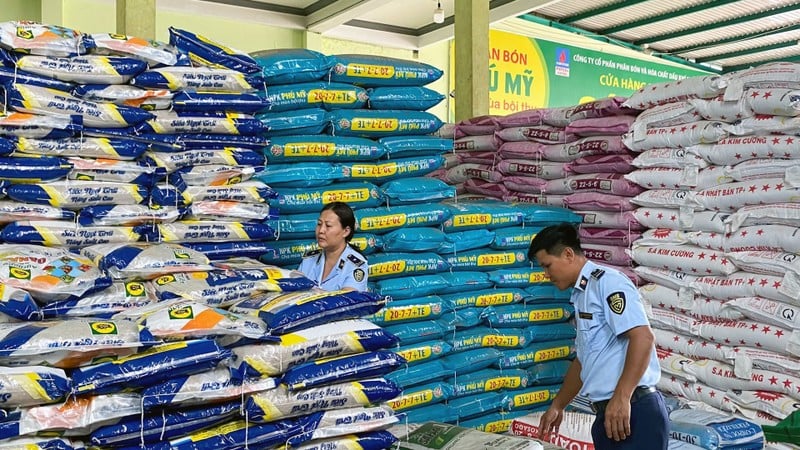 El Equipo de Gestión de Mercado n.º 3 de la provincia de Gia Lai inspecciona un establecimiento de venta de fertilizantes y pesticidas en la comuna de Ia Dok, distrito de Duc Co. (Foto: THU HIEN)