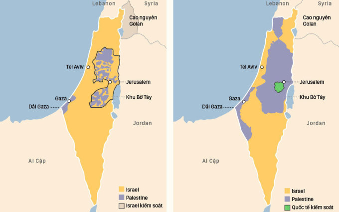 The current Israeli-Palestinian territory (left) and the one proposed by the United Nations in 1947. Graphics: Viet Chung