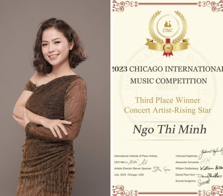 Minh Minh y el certificado del premio del Concurso Internacional de Música de Chicago.