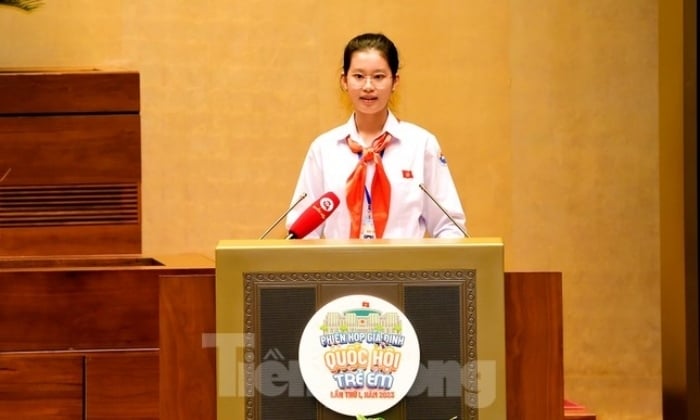 Dang Cat Tien, président de l'Assemblée nationale des enfants, a pris la parole lors de la séance plénière. (Photo : Xuan Tung)