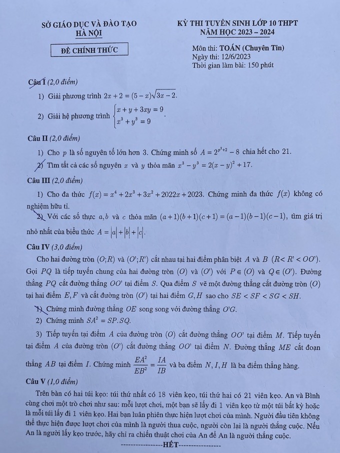 Preguntas y respuestas del examen de matemáticas para la carrera de informática de décimo grado en Hanoi