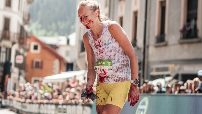 Nordskar celebrates after finishing the Mont Blanc Marathon on May 26. Photo: Golden Trail Series/Marathon du Mont-Blanc