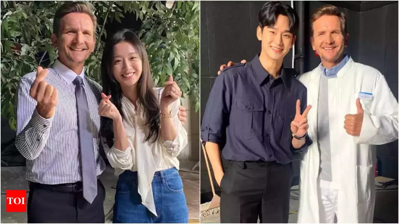 Sebastian Roche takes a photo with Kim Ji Won and Kim Soo Hyun behind the scenes of the film. Photo: Instagram