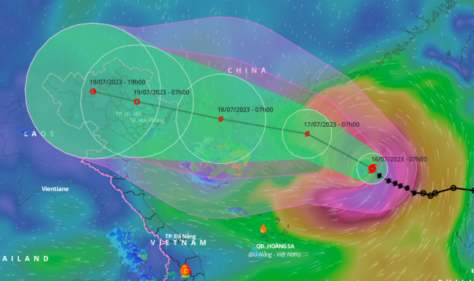 Dự kiến hướng đi và vùng ảnh hưởng của bão Talim, 7h ngày 16/7. Ảnh: NCHMF