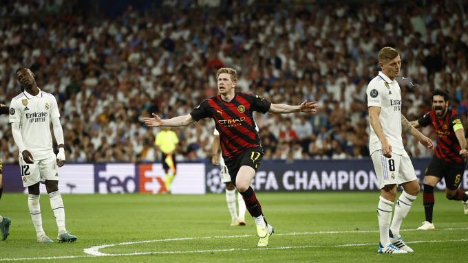 De Bruyne celebra el gol del empate para el Manchester City en el partido de ida de la semifinal de la Liga de Campeones contra el Real Madrid el 9 de mayo. Foto: Reuters