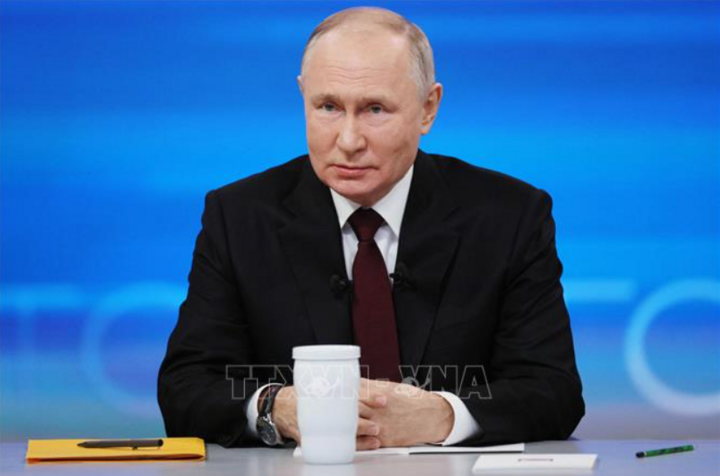 Tổng thống Nga Vladimir Putin tại cuộc họp báo cuối năm ở Moskva ngày 14/12/2023. (Ảnh: AFP/TTXVN)