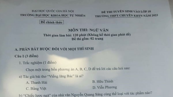 Đề môn Ngữ văn Trường THPT Chuyên Khoa học tự nhiên Hà Nội năm 2023