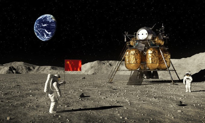 Illustration of astronauts planting the Chinese flag on the Moon. Photo: 3DSculptori/Stock/Getty