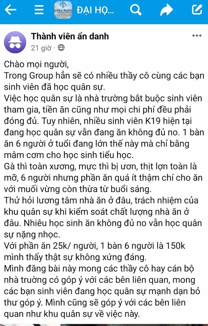 Bài viết về bữa cơm "không đủ no" của sinh sinh đi học tại Trung tâm Giáo dục Quốc phòng và An ninh - ĐH Huế đăng lên mạng xã hội khiến dư luận xôn xao. (Ảnh chụp màn hình)