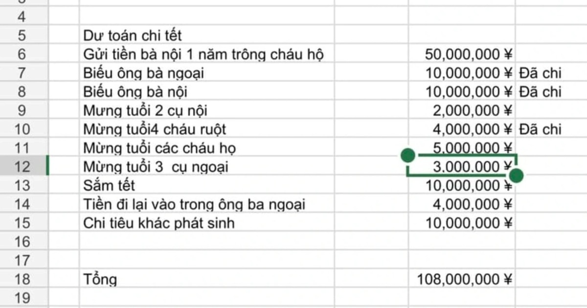 Tabla de gastos del Tet de 100 millones de VND de una familia en Hanoi, un regalo especial del Tet