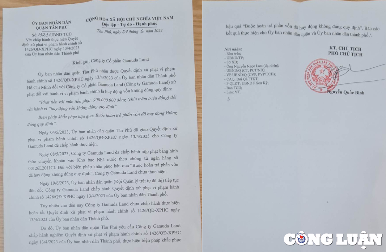 Gamuda Land n'a pas effectué de remboursement de capital conformément à la décision de pénalité du Comité populaire de Ho Chi Minh-Ville, bien qu'il lui ait été rappelé l'image 1.