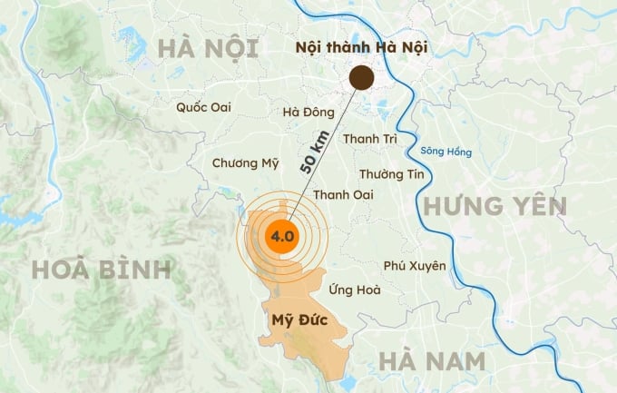 El terremoto ocurrió en el distrito de My Duc, a unos 50 kilómetros del centro de Hanoi. Gráficos: Hoang Khanh