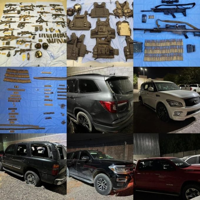 Armas y vehículos confiscados por fuerzas de seguridad mexicanas tras un tiroteo con una pandilla en una carretera del estado de Sonora el 20 de enero. Foto: Procuraduría General de Justicia del Estado de Sonora