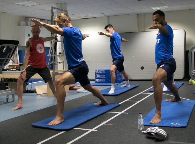 Barry (blue shirt - middle) during a yoga session at West Brom Club. Photo: expressandstar