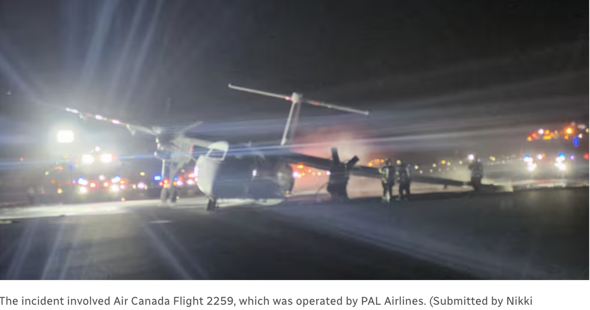 Passenger plane with broken landing gear catches fire in Canada