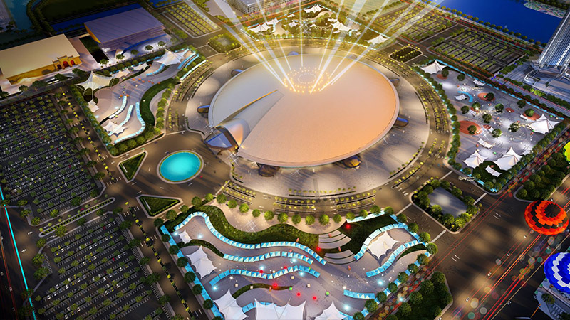 Nahaufnahme des National Exhibition and Convention Center, das im Juli 2025 fertiggestellt werden soll