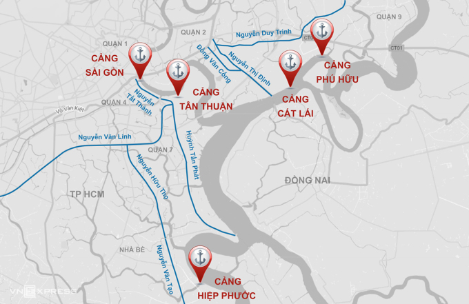 Sistema portuario en la ciudad de Ho Chi Minh. Gráficos: Thanh Huyen