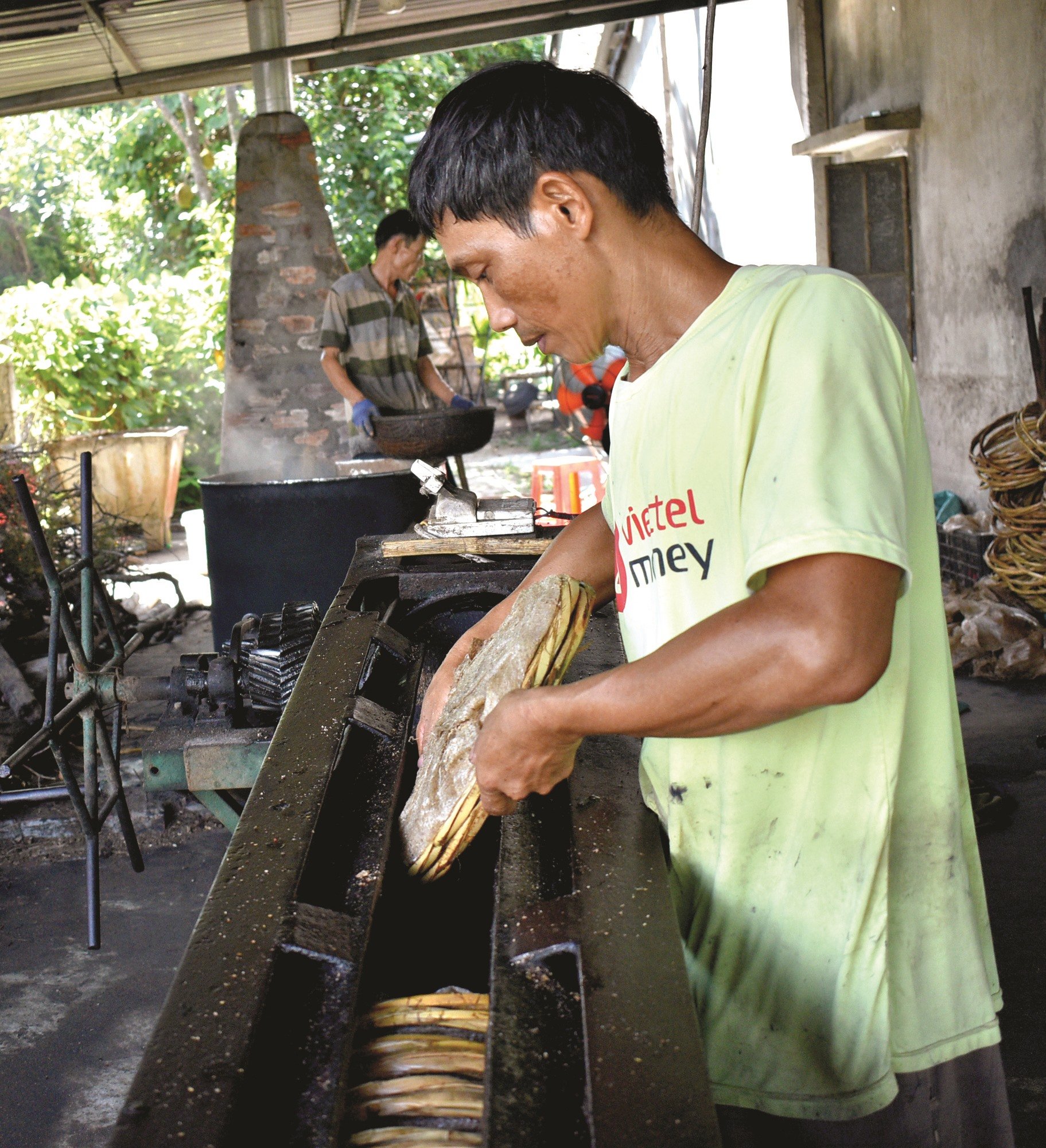 Cho bánh đậu vào máy để ép lấy dầu.