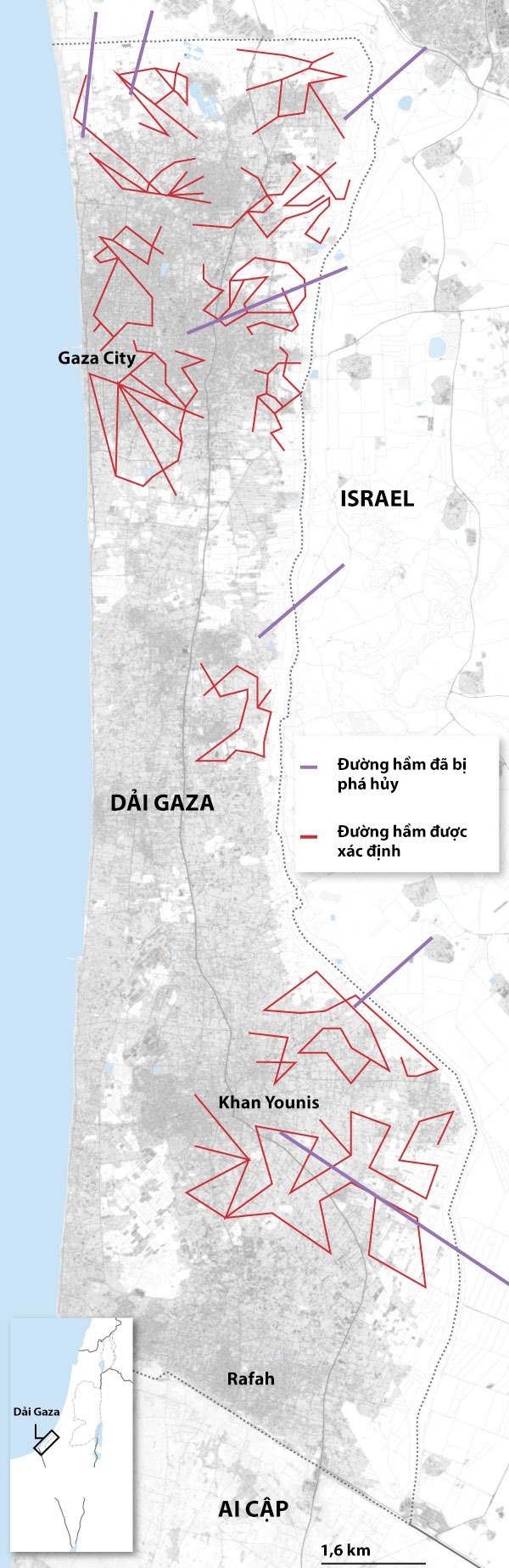 Tunnelsystem im Gazastreifen entdeckt und zerstört. Grafik: WSJ