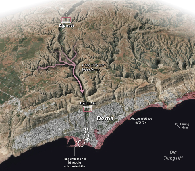 Localisation de deux barrages qui se sont rompus, causant de lourds dégâts à la ville de Derna. Graphiques : WP