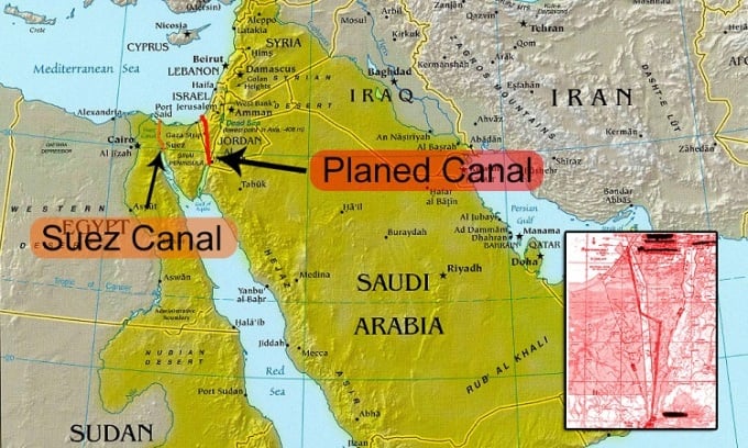 Kênh đào Suez và kênh đào Mỹ dự kiến xây dựng. Ảnh: USA in Pixels