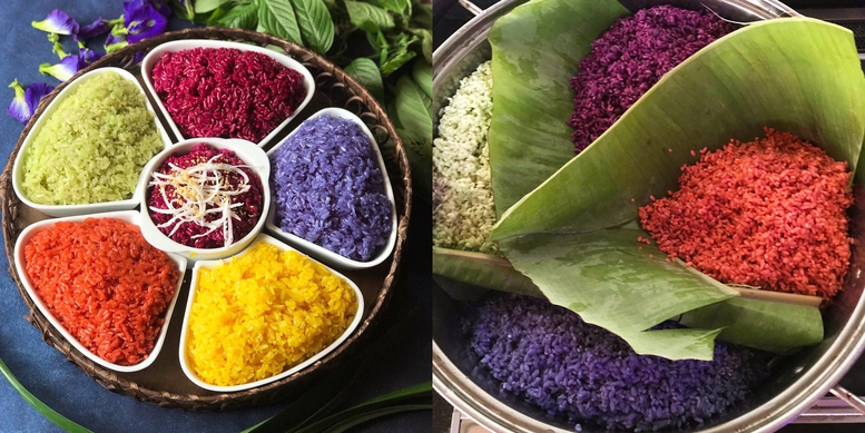 The process of cooking five-color sticky rice of the Thai people